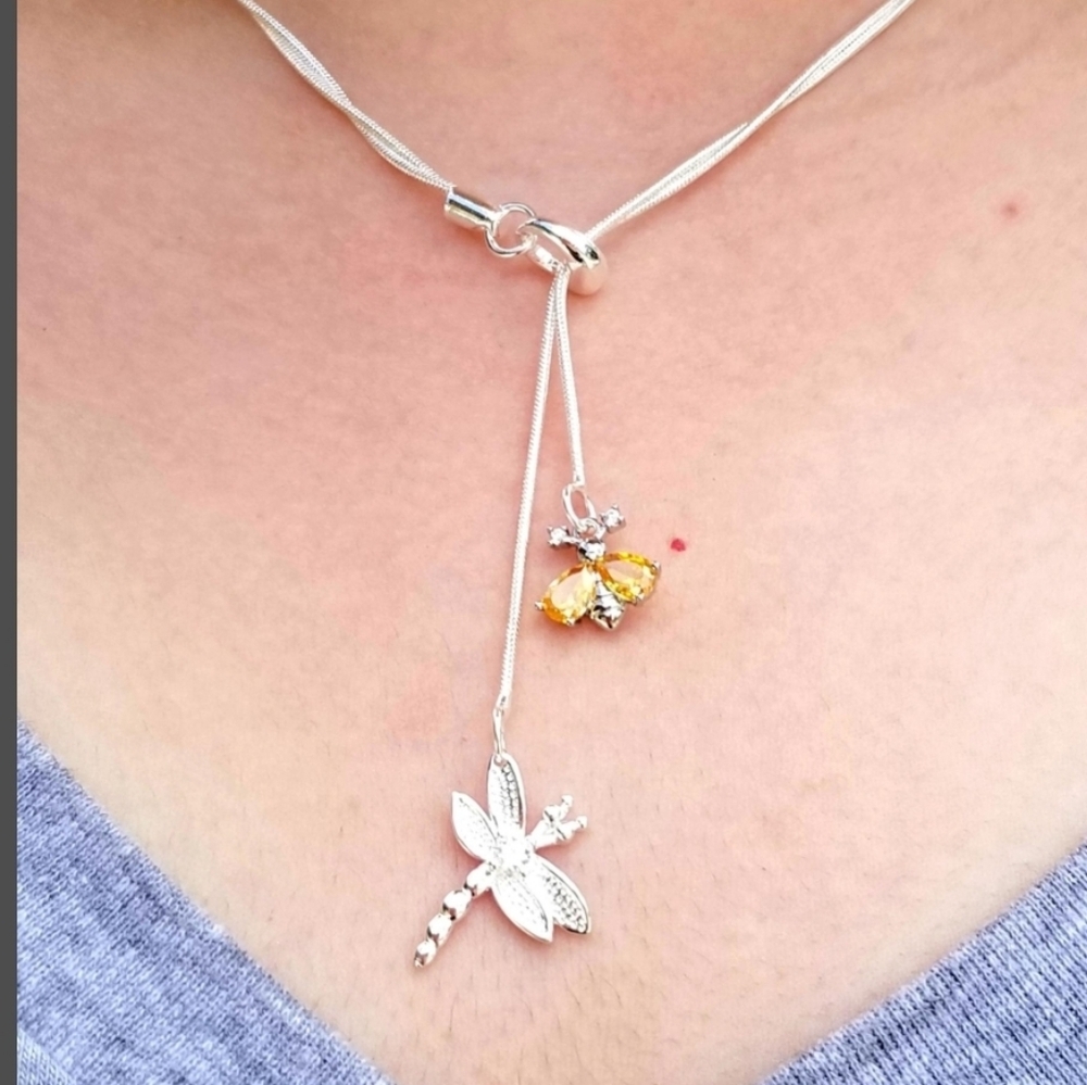 Sterling Silver Citrine Bee & Dragonfly Lariat Necklace, November Birthstone